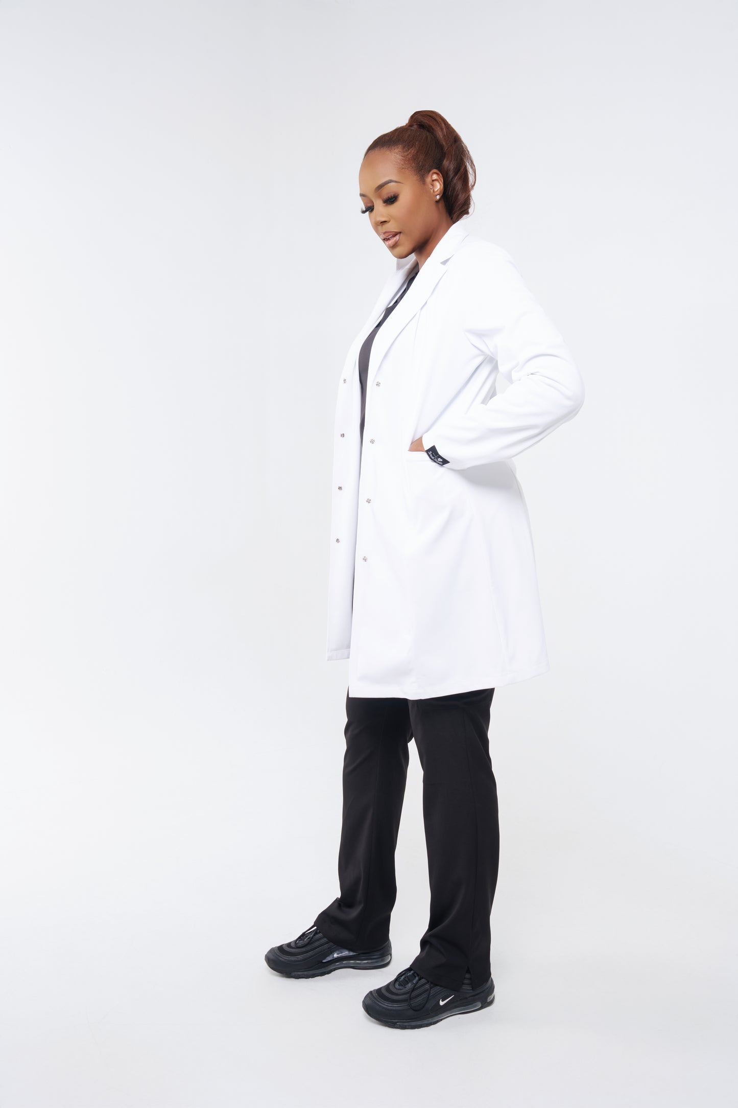 Custom white lab coat with metal snaps