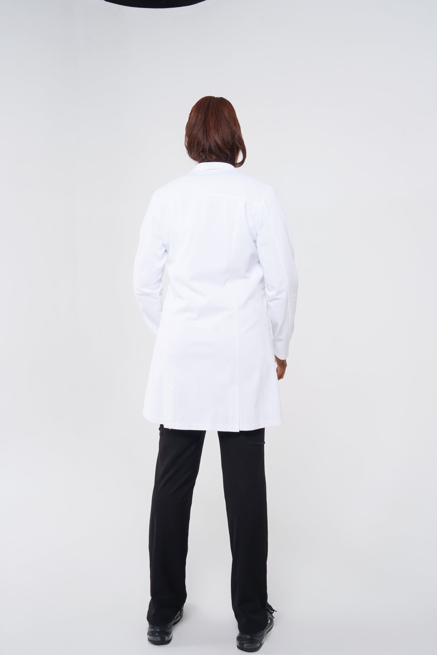 Custom white lab coat with metal snaps